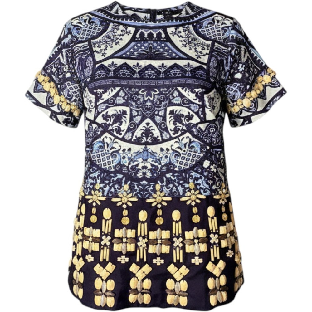 Biyan Silk Paisley‎ Embellished Top Blue White Short Sleeve Beaded Luxury NEW